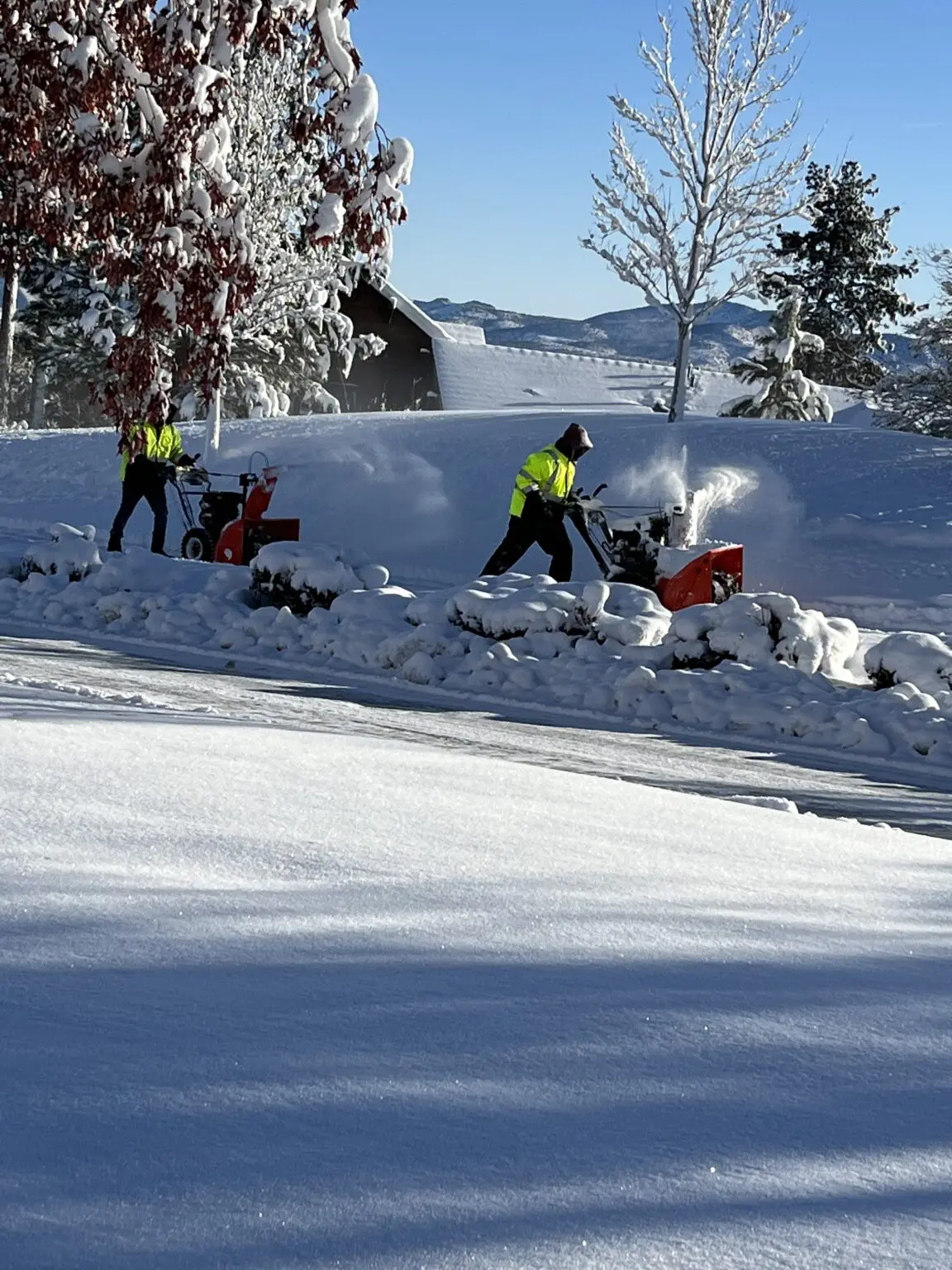 two staff removing snow from a yard